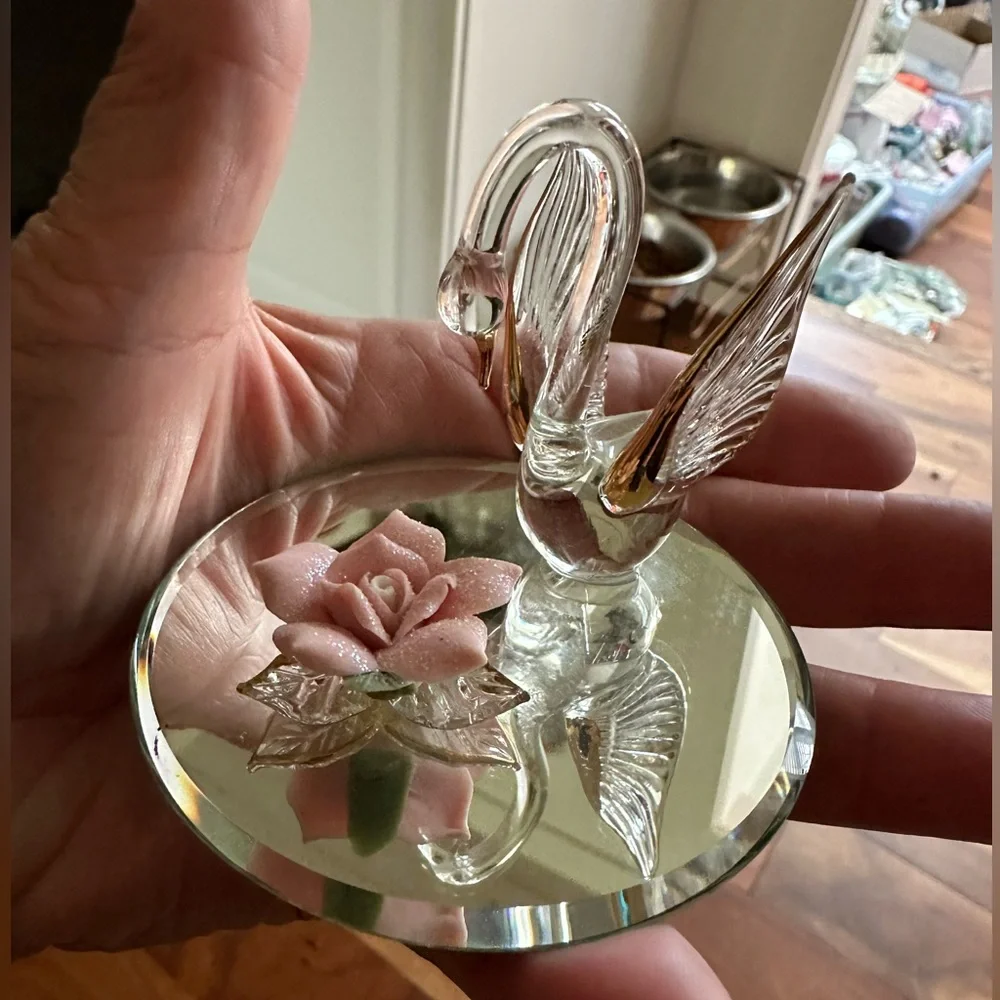 Crystal swan and pink porcelain rose tchotchke trinket